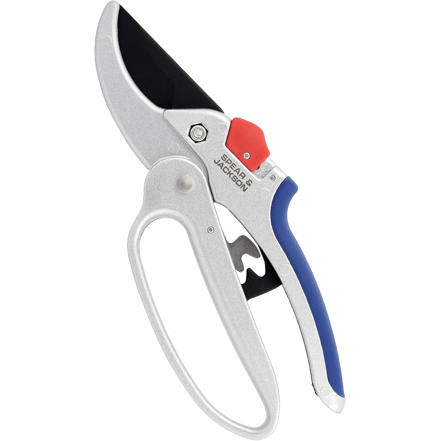 Geared anvil pruners with ergonomic blue and red handle grips, designed for easier cutting of woody branches, featured in Farm, Garden & Tool and Garden Accessories collections.