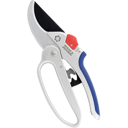 Geared anvil pruners with ergonomic blue and red handle grips, designed for easier cutting of woody branches, featured in Farm, Garden & Tool and Garden Accessories collections.