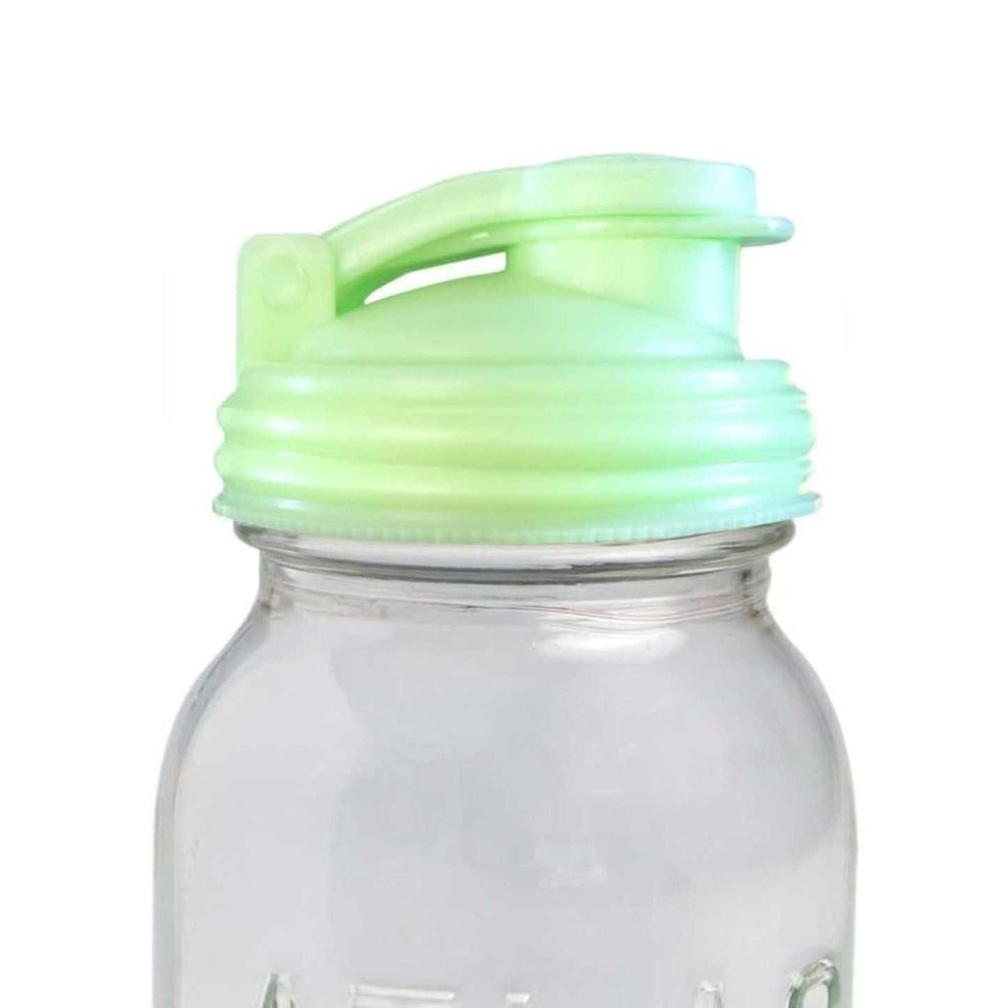 Light green wide-mouth pour lid with flip-top spout and carry loop on a clear glass mason jar, made in USA from durable no-break plastic, ideal for Kitchen & Food and Best Sellers collections.