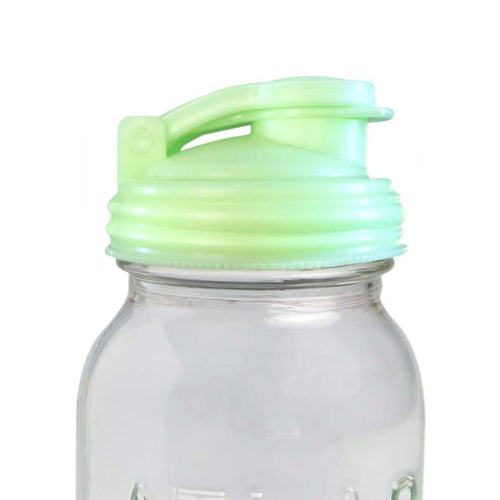 Light green wide-mouth pour lid with flip-top spout and carry loop on a clear glass mason jar, made in USA from durable no-break plastic, ideal for Kitchen & Food and Best Sellers collections.