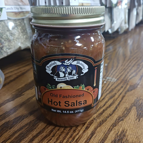 Handcrafted Amish-style hot salsa in a glass jar with thick, chunky texture, made in USA, perfect for Kitchen & Food, Food, Snacks and Sweets, Pantry, USA Made, Best Sellers, and Promo Eligible collections.