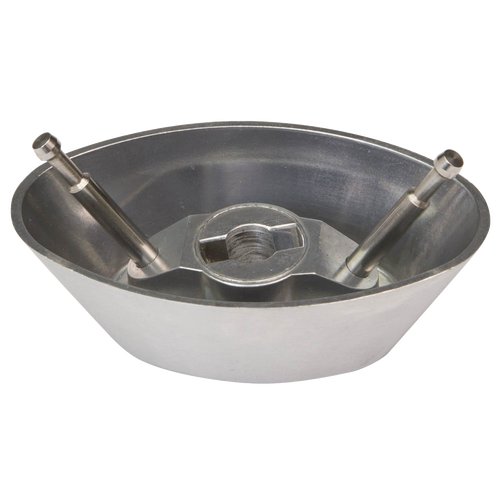 Metal component with two vertical shafts and a central threaded hole, designed as a durable kitchen gadget compatible with Bosch and NutriMill mixers for baking and cooking helpers.