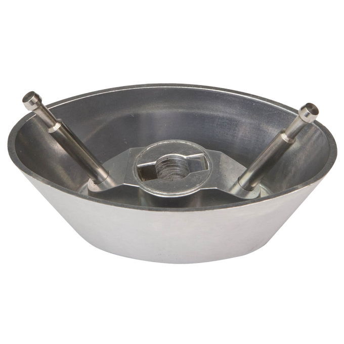Metal component with two vertical shafts and a central threaded hole, designed as a durable kitchen gadget compatible with Bosch and NutriMill mixers for baking and cooking helpers.