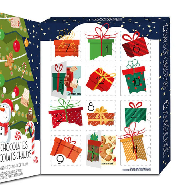 Handcrafted festive advent calendar featuring 12 numbered holiday-themed windows with assorted single-serve hot chocolate mixes, perfect for Kitchen & Food, Snacks and Sweets, Beverages, Best Sellers, and Promo Eligible collections.