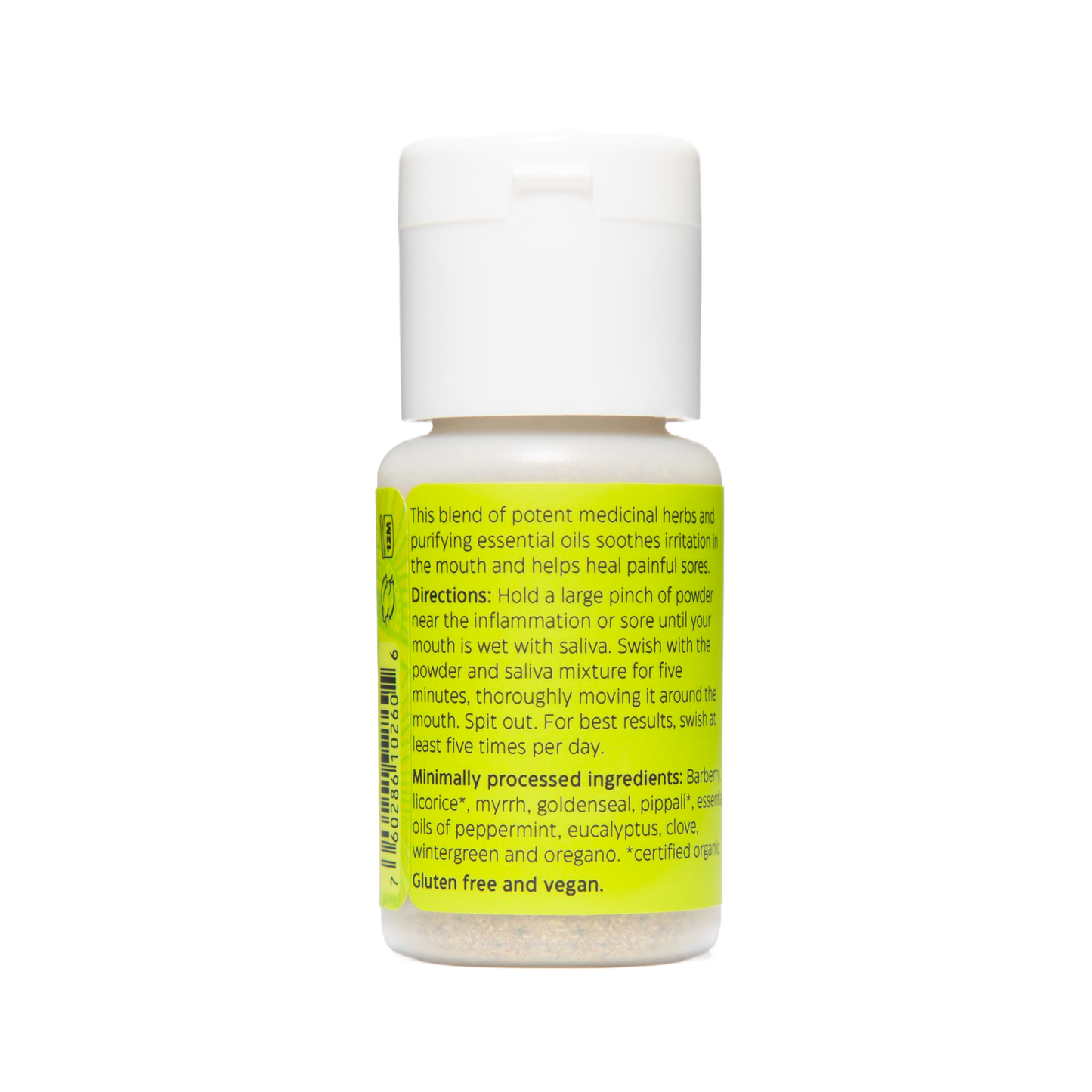 Small handcrafted bottle of Uncle Harry's tooth powder featuring a blend of medicinal herbs and essential oils to soothe inflamed gums and mouth sores, made in USA, part of Health & Wellness and Grooming and Personal Hygiene collections.