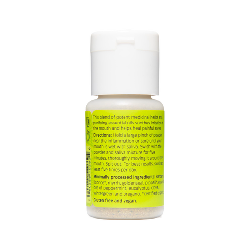 Small handcrafted bottle of Uncle Harry's tooth powder featuring a blend of medicinal herbs and essential oils to soothe inflamed gums and mouth sores, made in USA, part of Health & Wellness and Grooming and Personal Hygiene collections.