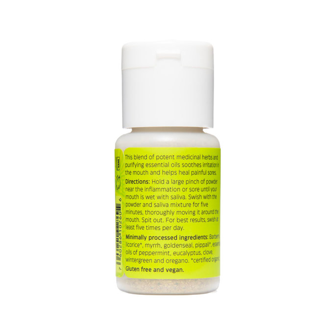 Small handcrafted bottle of Uncle Harry's tooth powder featuring a blend of medicinal herbs and essential oils to soothe inflamed gums and mouth sores, made in USA, part of Health & Wellness and Grooming and Personal Hygiene collections.