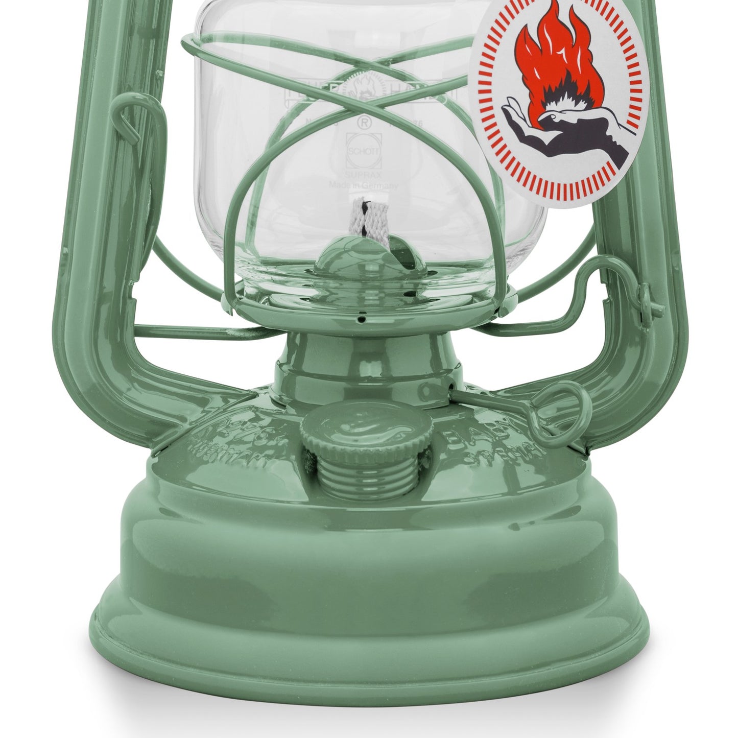 Unique handcrafted pale green galvanized oil lantern with thermal heat-resistant SUPRAX globe and vintage flame emblem, ideal for Lamps & Lighting, Camping, and Emergency Supplies collections.