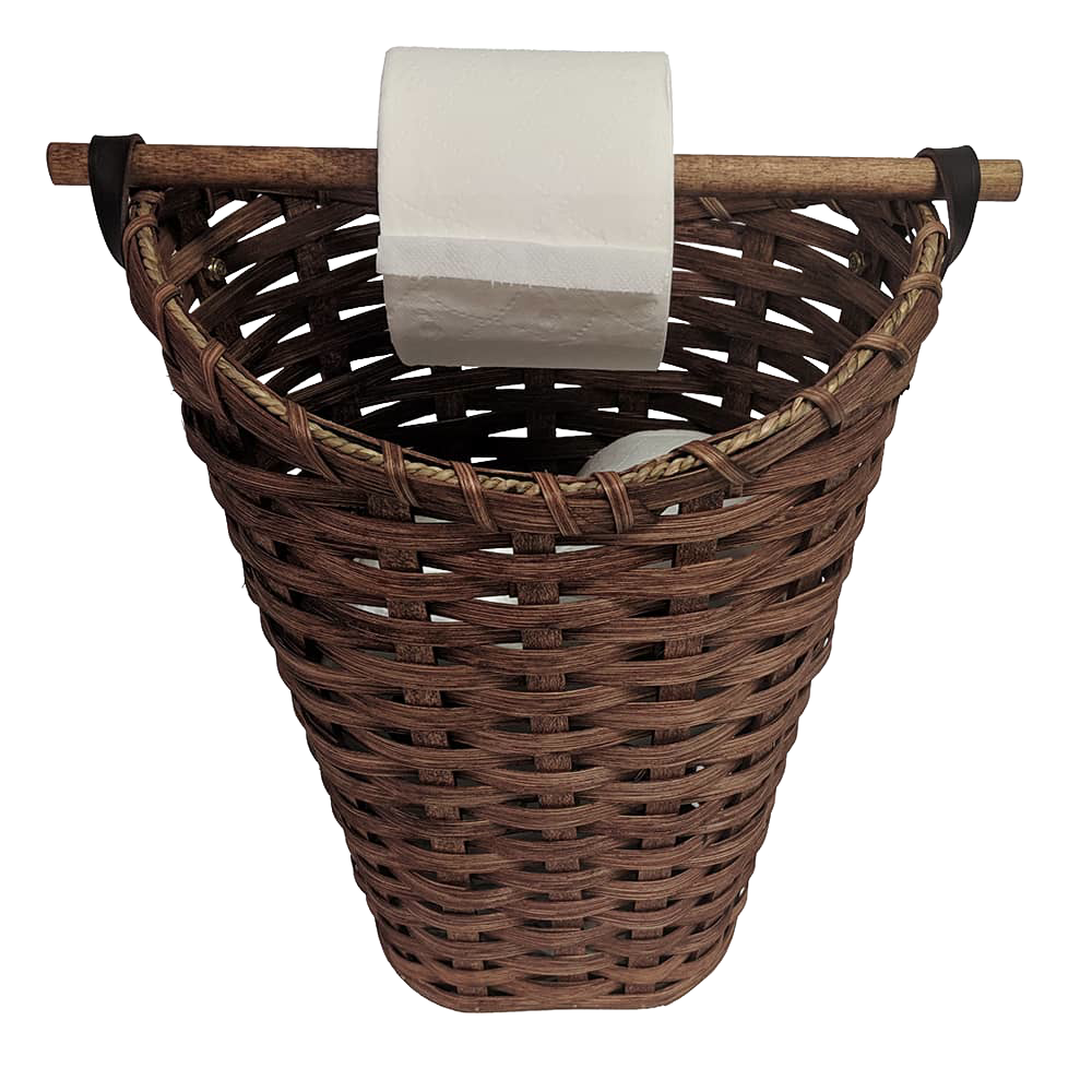 Handcrafted Amish made toilet paper holder basket in dark woven wood with birch dowel rod for dispensing, holds four rolls, featured in Home & Decor and Household Helpers collections.