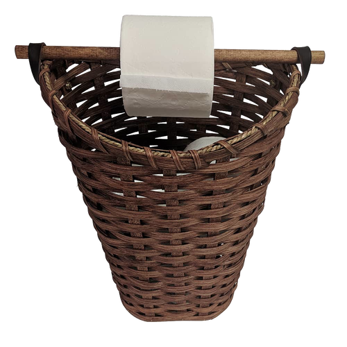 Handcrafted Amish made toilet paper holder basket in dark woven wood with birch dowel rod for dispensing, holds four rolls, featured in Home & Decor and Household Helpers collections.