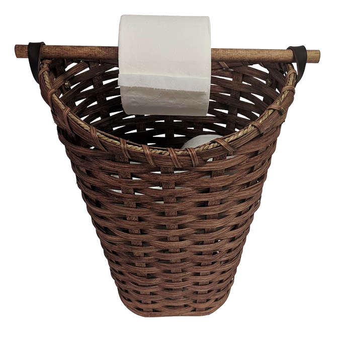 Handcrafted Amish made toilet paper holder basket in dark woven wood with birch dowel rod for dispensing, holds four rolls, featured in Home & Decor and Household Helpers collections.