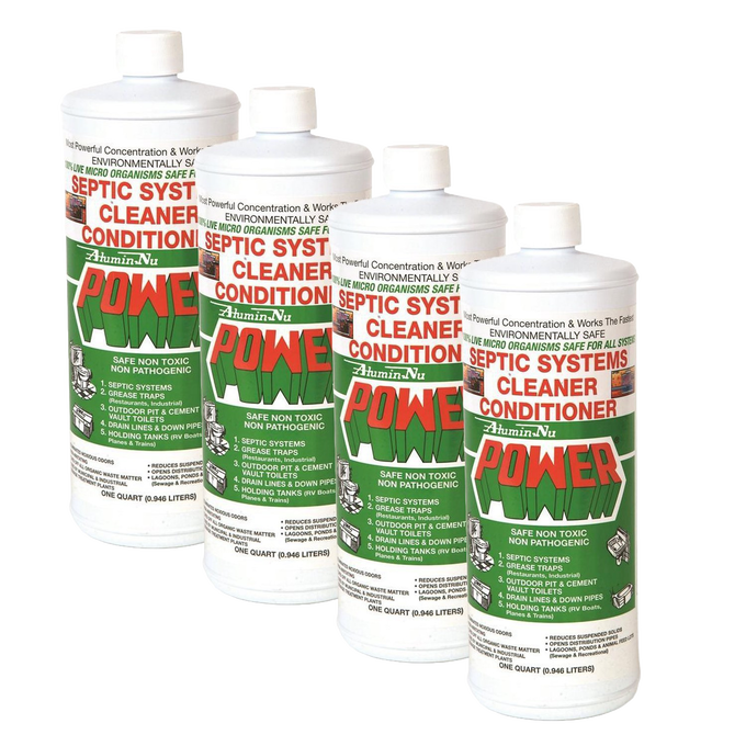 Four white plastic bottles of environmentally safe septic system cleaner and conditioner with green and red labels, suitable for Home & Decor, Household Cleaning, Cleaners and Polishes, Best Sellers, and Promo Eligible collections.