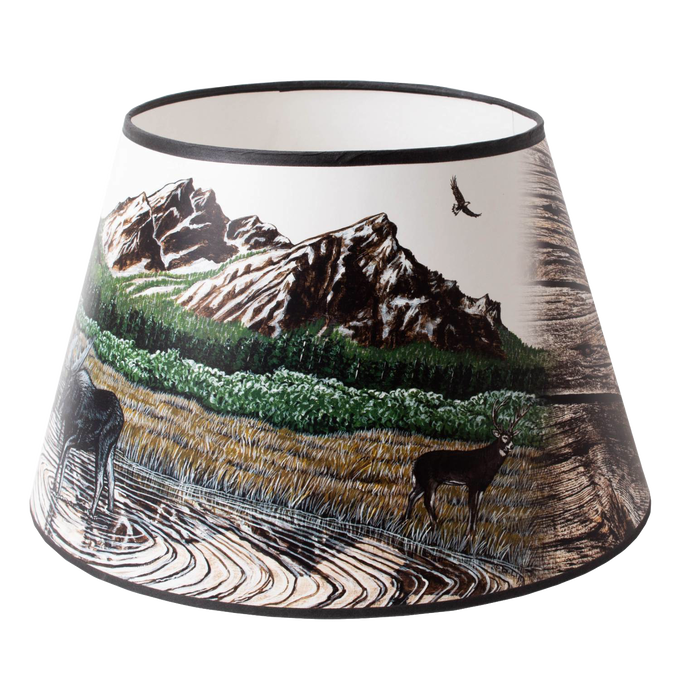 Handcrafted parchment oil lamp shade featuring a rocky mountain landscape with wildlife, perfect for lamps & lighting, parts and accessories, lamp shades, and best sellers collections.