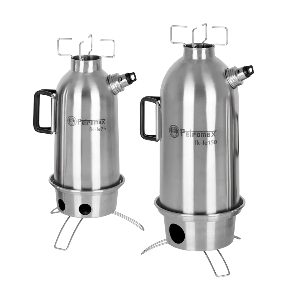 Set of two stainless steel fire kettles with integrated portable stove bases for rapid boiling using natural fuels; ideal for camping, emergency supplies, and outdoor use in Farm, Garden & Tool collections.