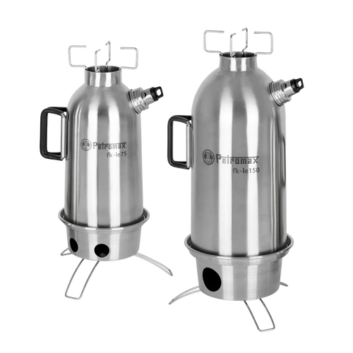 Set of two stainless steel fire kettles with integrated portable stove bases for rapid boiling using natural fuels; ideal for camping, emergency supplies, and outdoor use in Farm, Garden & Tool collections.
