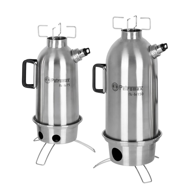 Set of two stainless steel fire kettles with integrated portable stove bases for rapid boiling using natural fuels; ideal for camping, emergency supplies, and outdoor use in Farm, Garden & Tool collections.