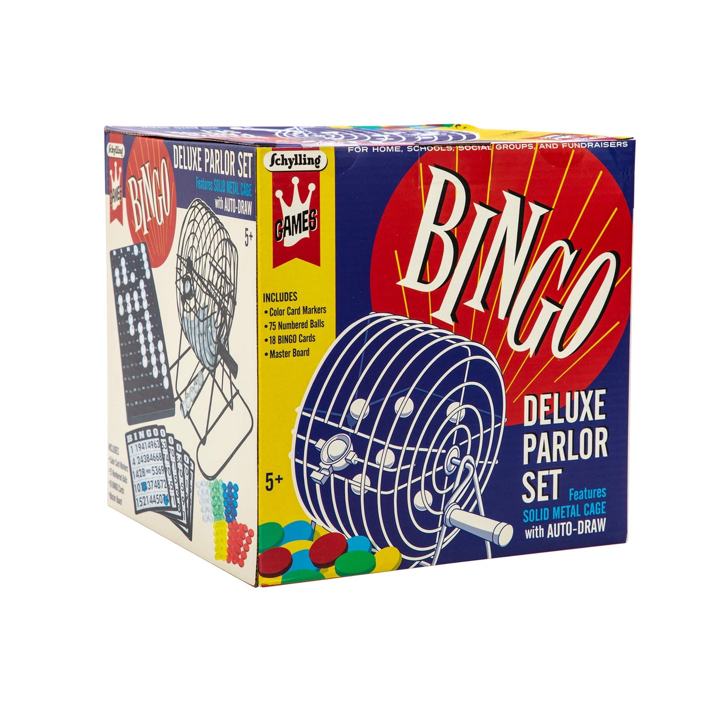 Vintage-style packaging for deluxe bingo parlor set featuring solid metal cage with auto-draw, colorful markers, and bingo cards, part of Toys, Books & Games collections.