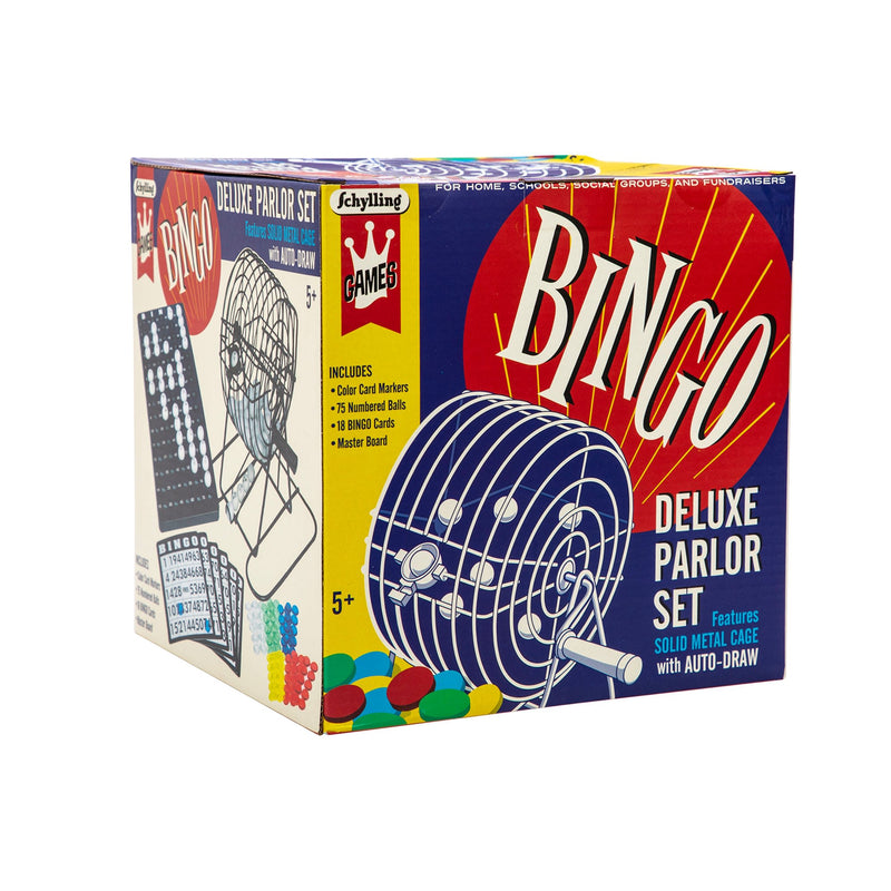 Vintage-style packaging for deluxe bingo parlor set featuring solid metal cage with auto-draw, colorful markers, and bingo cards, part of Toys, Books & Games collections.