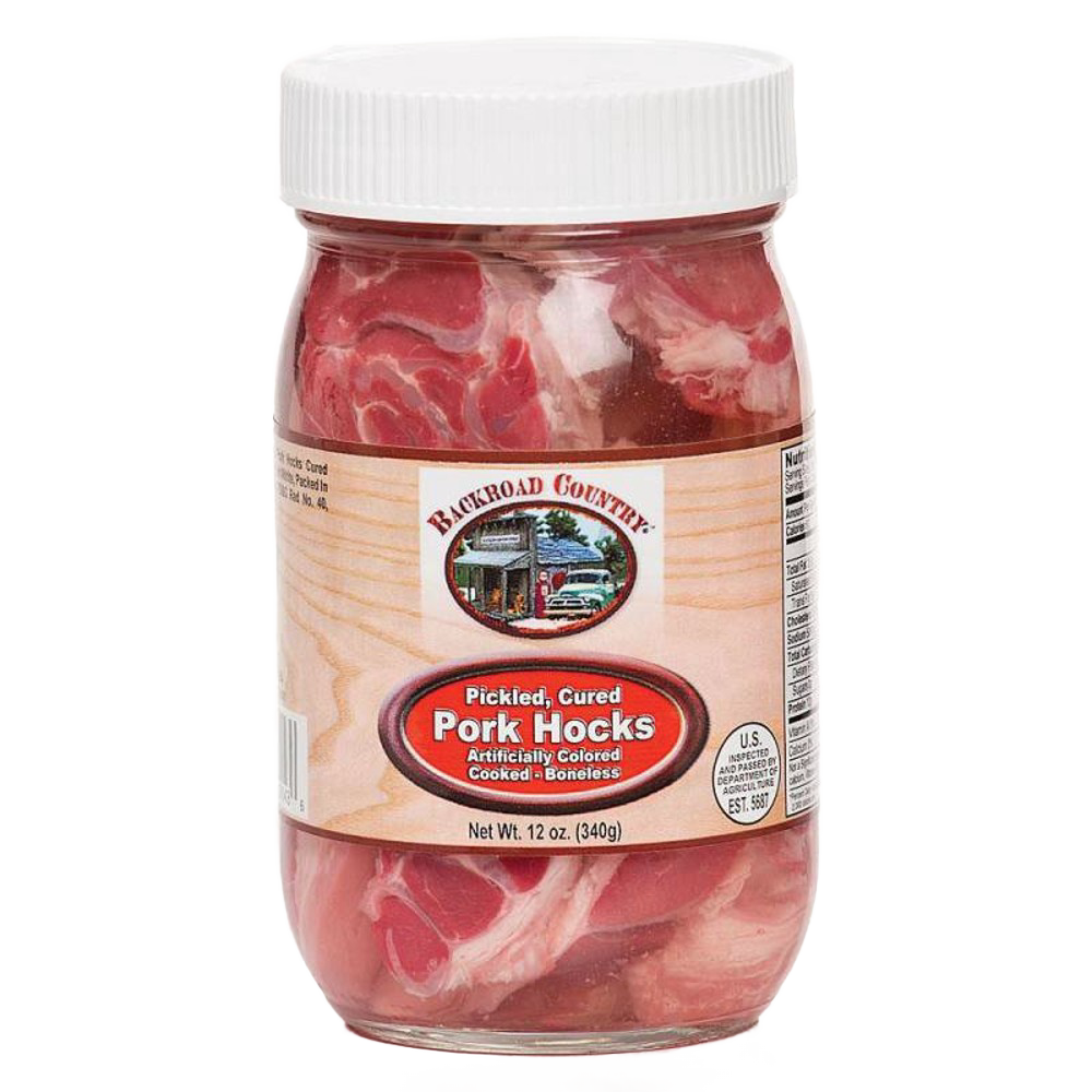 Glass jar of handcrafted pickled pork hocks, fully cooked and boneless, made in USA, featured in Kitchen & Food and Pantry collections with a distinctive home-style label.