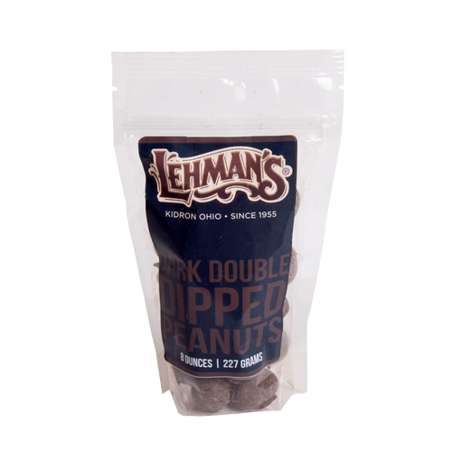 Clear resealable bag of handcrafted double dipped chocolate peanuts made with fresh roasted peanuts, a USA made snack perfect for Kitchen & Food, Candy, and Best Sellers collections.
