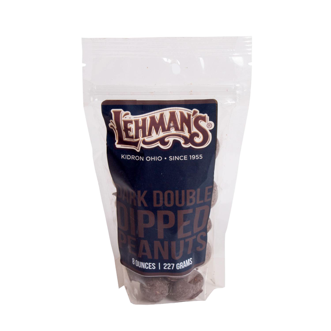 Clear resealable bag of handcrafted double dipped chocolate peanuts made with fresh roasted peanuts, a USA made snack perfect for Kitchen & Food, Candy, and Best Sellers collections.