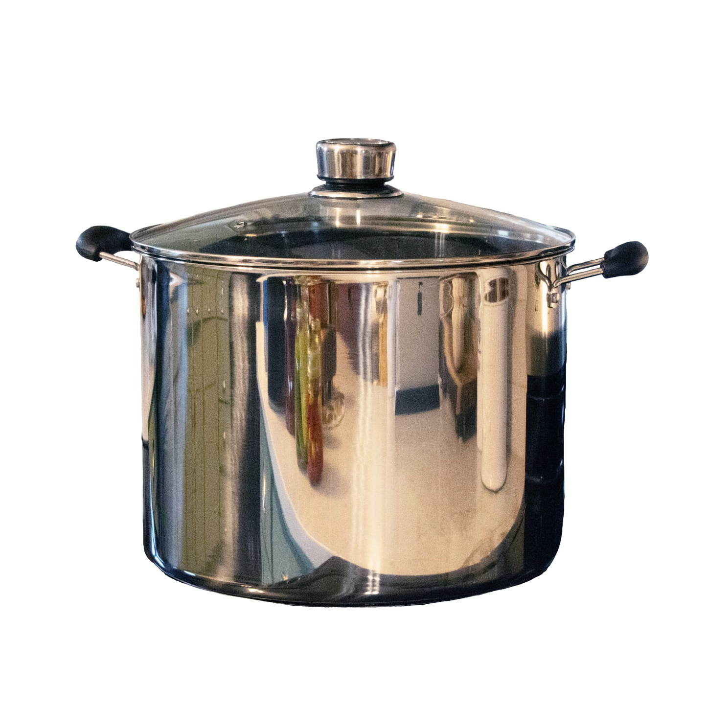 Large stainless steel water bath canner with glass lid and black handles, featuring built-in temperature gauge, ideal for Kitchen & Food, Food Preservation, and Canning collections.