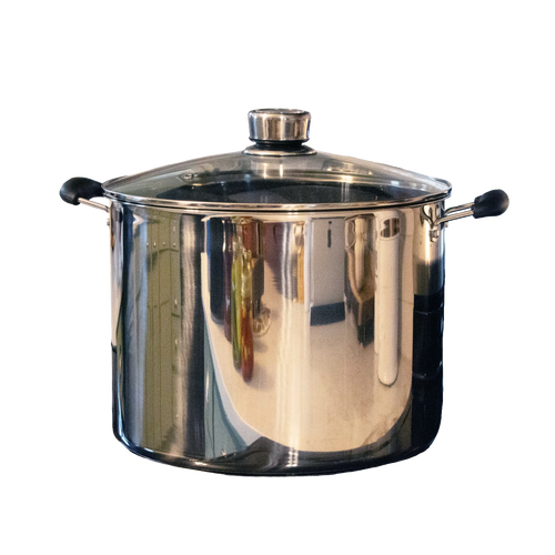 Large stainless steel water bath canner with glass lid and black handles, featuring built-in temperature gauge, ideal for Kitchen & Food, Food Preservation, and Canning collections.