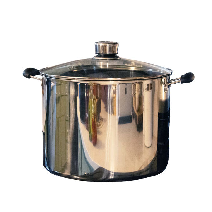 Large stainless steel water bath canner with glass lid and black handles, featuring built-in temperature gauge, ideal for Kitchen & Food, Food Preservation, and Canning collections.