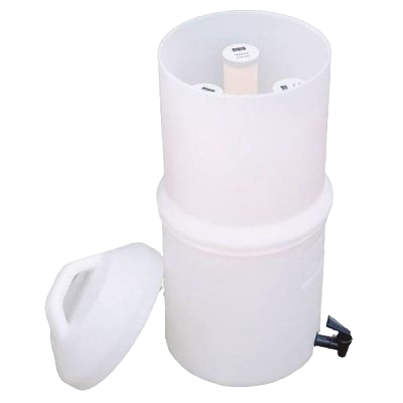 White plastic replacement filter housing with removable lid and central cylindrical element, designed for tabletop water filtration in emergency and appliance use.