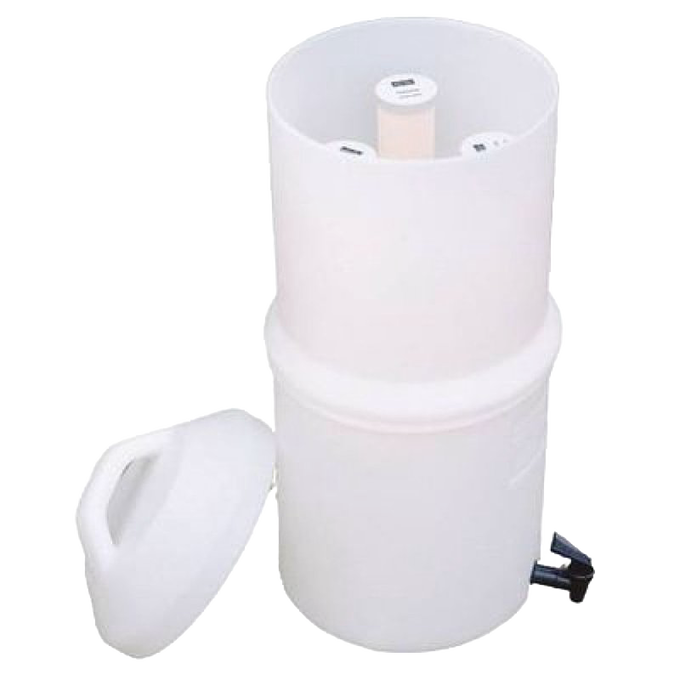 White plastic replacement filter housing with removable lid and central cylindrical element, designed for tabletop water filtration in emergency and appliance use.