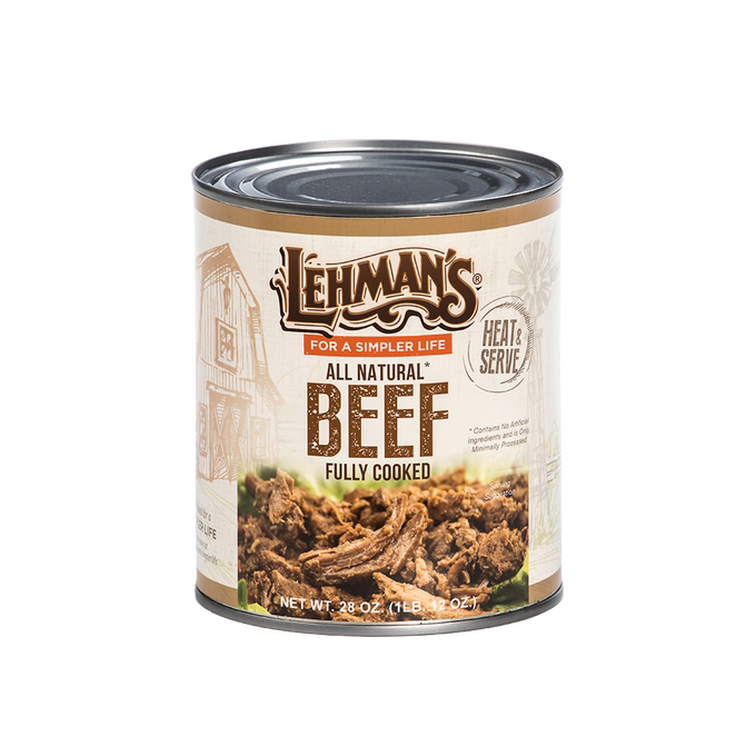 Metal can of handcrafted all natural fully cooked shredded beef with rustic farm-themed label, ideal for Farm, Garden & Tool, Kitchen & Food, Emergency Supplies, Food, Meats, Best Sellers, and Promo Eligible collections.