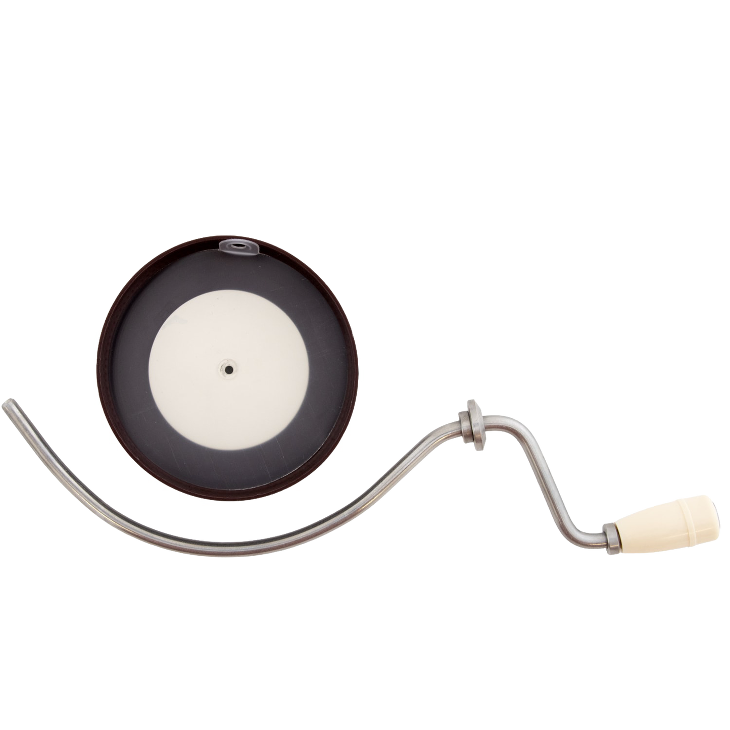 Cast iron hand-crank food mill with cream-colored handle and dark round base, designed for Kitchen & Food, Food Prep, Food Mills, Kitchen Gadgets, Kitchen Accessories, USA Made, Best Sellers, and Promo Eligible collections.