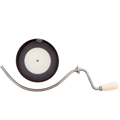 Cast iron hand-crank food mill with cream-colored handle and dark round base, designed for Kitchen & Food, Food Prep, Food Mills, Kitchen Gadgets, Kitchen Accessories, USA Made, Best Sellers, and Promo Eligible collections.