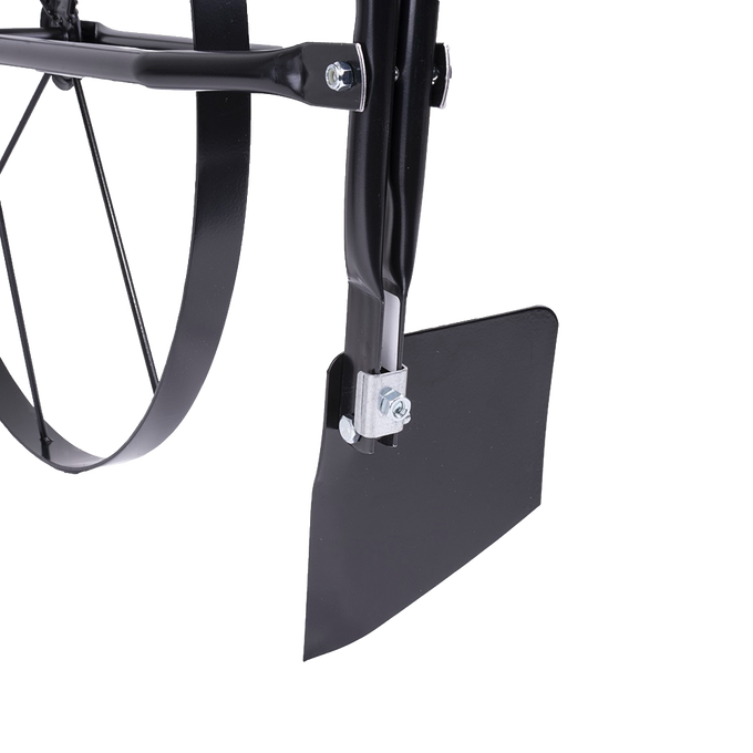 Close-up of a durable black metal plow attachment with a curved wheel and sturdy mounting hardware, featured in Farm, Garden & Tool, Digging and Cultivating, and Best Sellers collections.