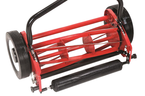 Red and black silent cut reel mower with six tempered blades and ergonomic handle, designed for efficient lawncare, featured in Farm, Garden & Tool and Best Sellers collections.