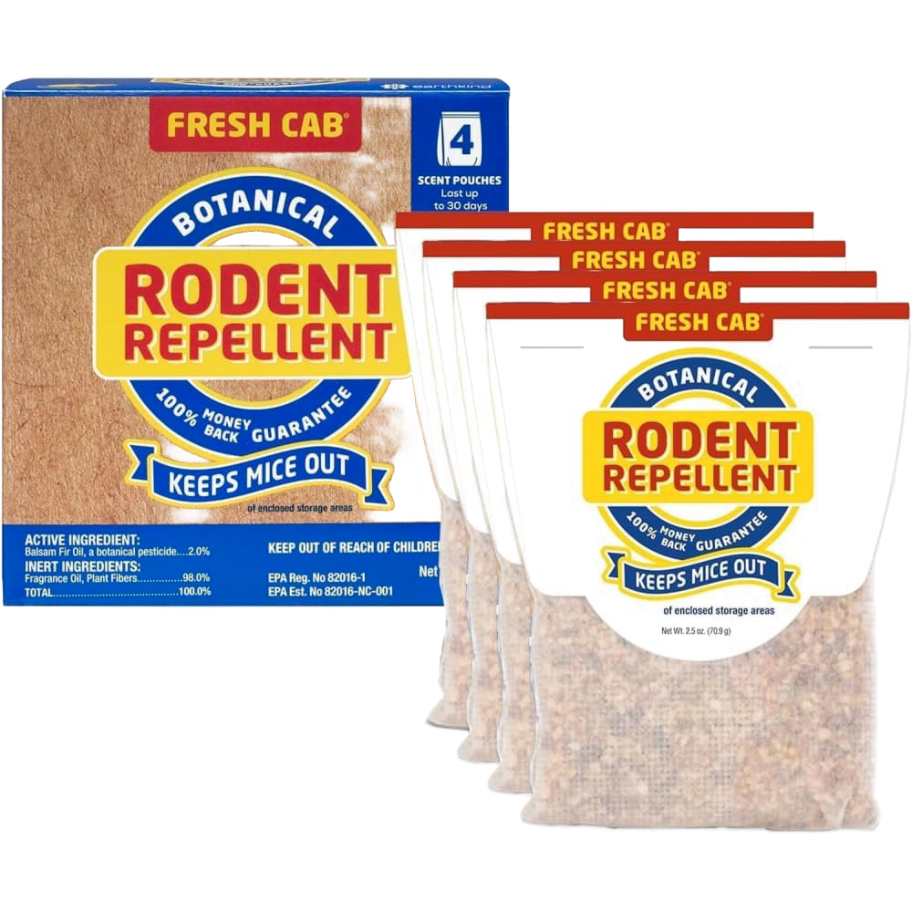 Set of four Fresh Cab botanical rodent repellent pouches with natural balsam fir scent to deter mice, safe for pets and children, featured in Pest Control and Farm, Garden & Tool collections.