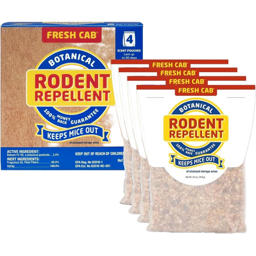 Set of four Fresh Cab botanical rodent repellent pouches with natural balsam fir scent to deter mice, safe for pets and children, featured in Pest Control and Farm, Garden & Tool collections.