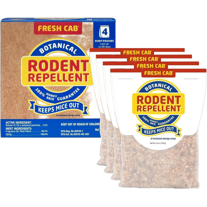 Set of four Fresh Cab botanical rodent repellent pouches with natural balsam fir scent to deter mice, safe for pets and children, featured in Pest Control and Farm, Garden & Tool collections.
