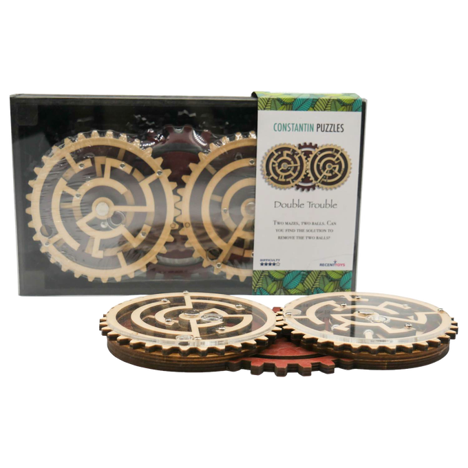 Handcrafted wooden brainteaser puzzle featuring two interlocking gear-shaped mazes with metal balls, designed for Toys, Books & Games, Children's Toys, Games and Puzzles, Puzzles, Best Sellers, and Promo Eligible collections.