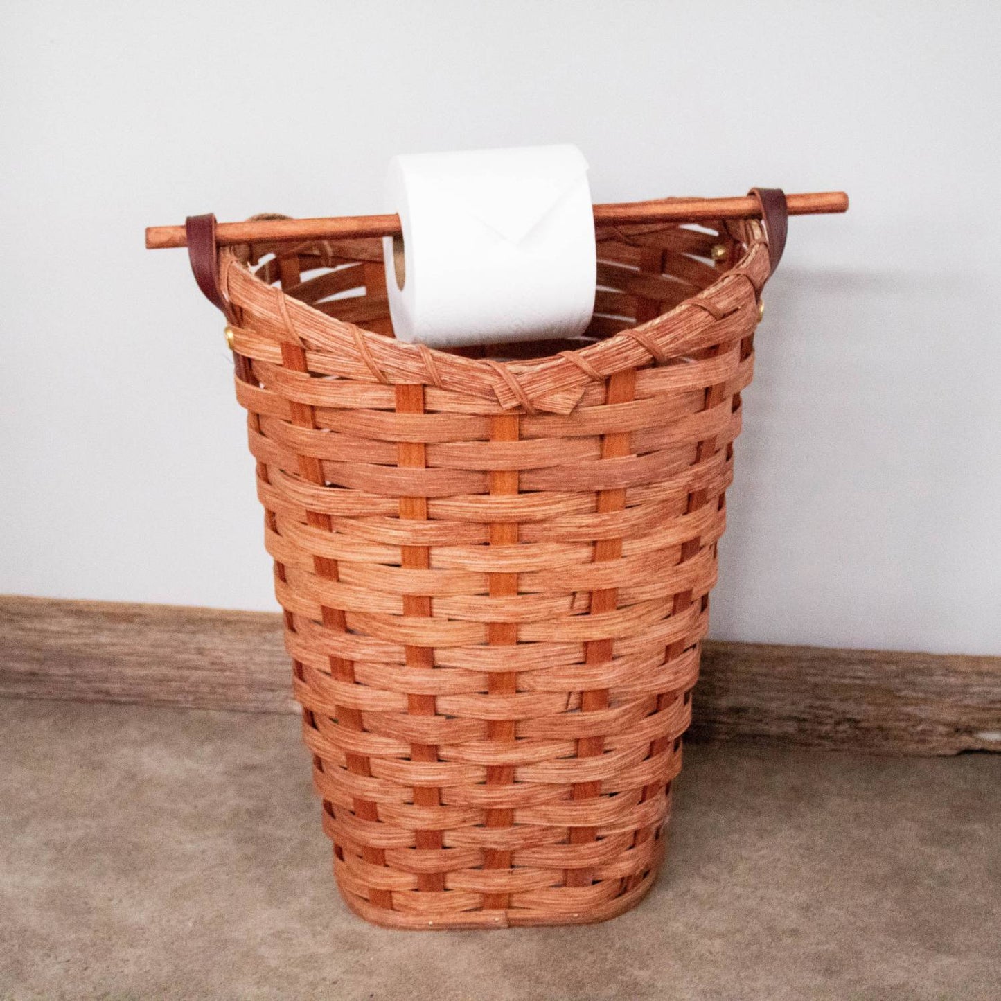 Handcrafted maple wood basket with birch dowel for dispensing toilet paper, Amish made in USA, designed to neatly store three rolls with one on top, perfect for Home & Decor and Household Helpers collections.