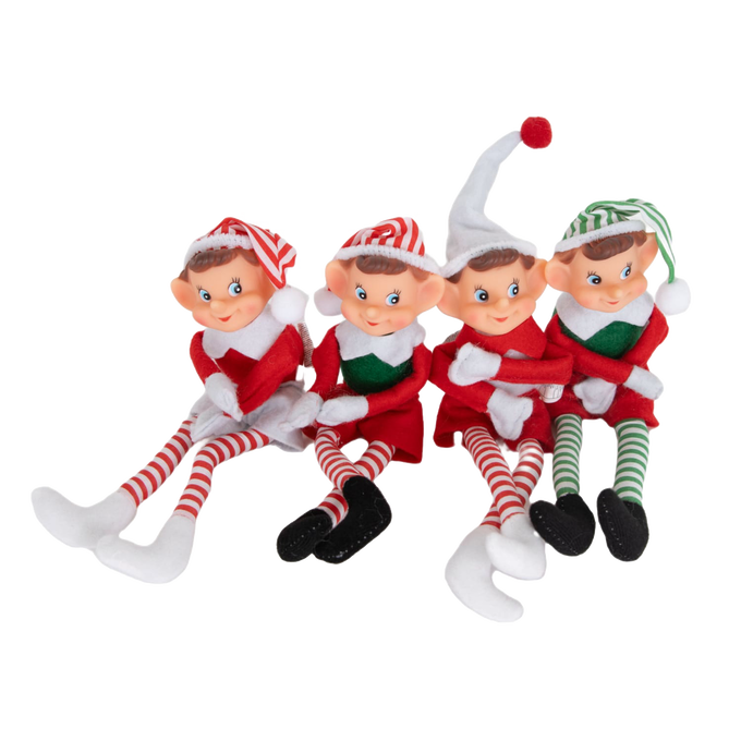 Four handcrafted vintage-style posable pixie elves in assorted holiday attire with striped stockings and felt hats, perfect for Home & Decor and Holiday Decor collections.