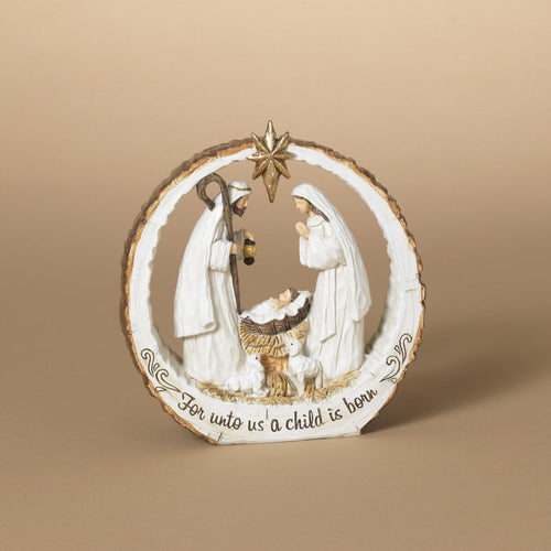 Handcrafted resin nativity scene designed as a bark slice with Mary, Joseph, and baby Jesus beneath a star, imprinted with "For unto us a child is born," ideal for Home & Decor, Holiday Decor, Best Sellers, and Promo Eligible collections.