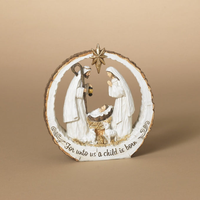 Handcrafted resin nativity scene designed as a bark slice with Mary, Joseph, and baby Jesus beneath a star, imprinted with "For unto us a child is born," ideal for Home & Decor, Holiday Decor, Best Sellers, and Promo Eligible collections.