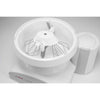 White bowl scraper attachment fitted inside a Bosch mixer bowl with metal whisks, designed to scrape the inner post and sides, handcrafted and made in USA for Kitchen & Food and Baking Supplies collections.