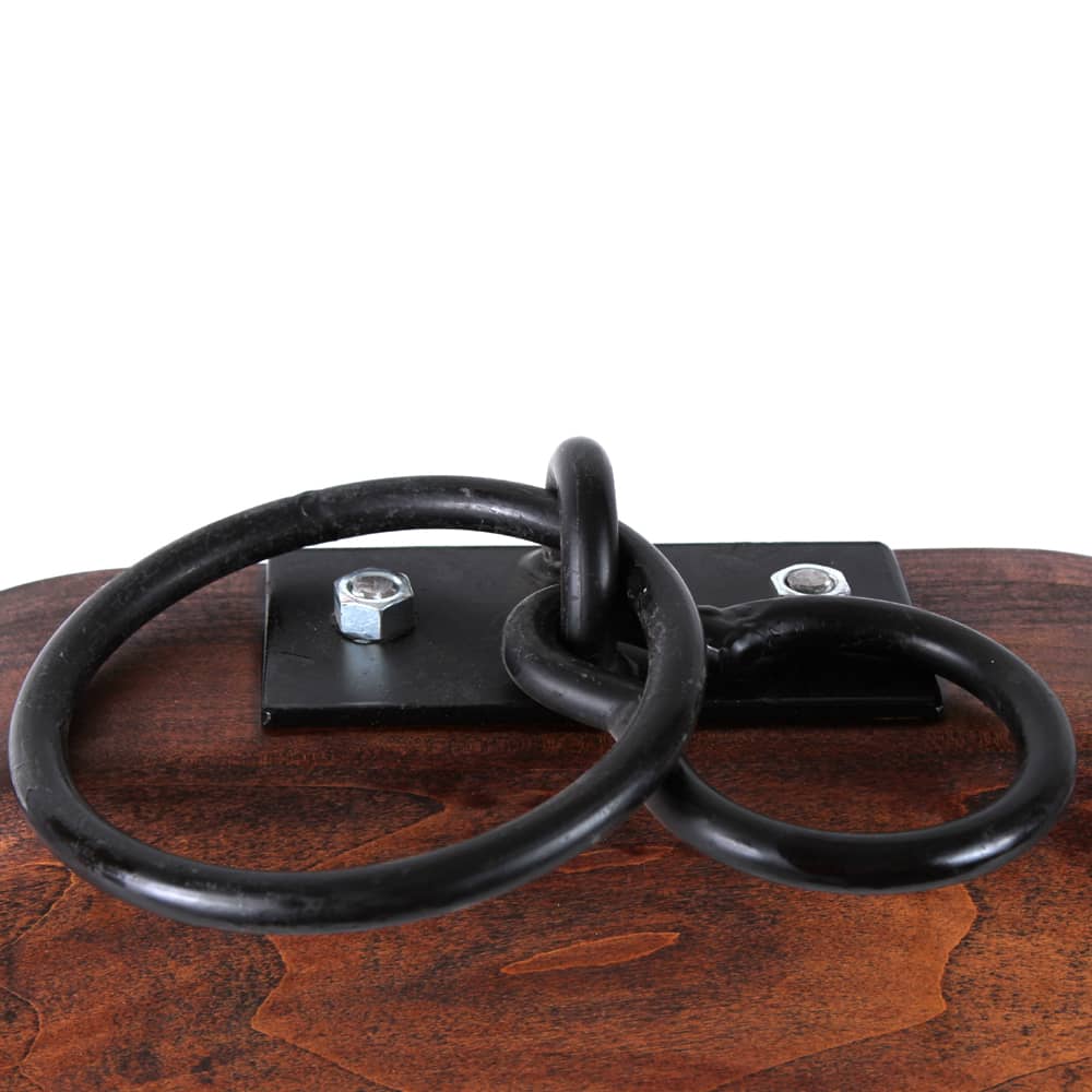 Close-up of a handcrafted unfinished wood double ox yoke component featuring sturdy black metal hardware, showcasing traditional Amish craftsmanship, ideal for Farm, Garden & Tool and Best Sellers collections.