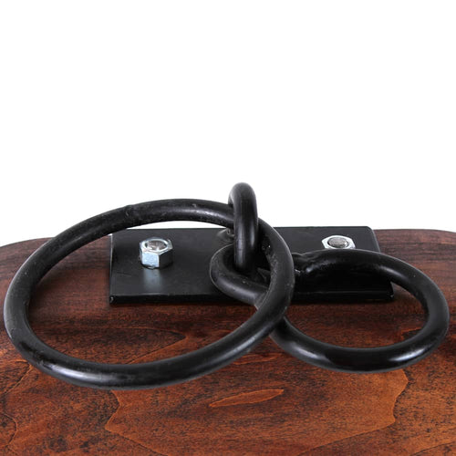 Close-up of a handcrafted unfinished wood double ox yoke component featuring sturdy black metal hardware, showcasing traditional Amish craftsmanship, ideal for Farm, Garden & Tool and Best Sellers collections.