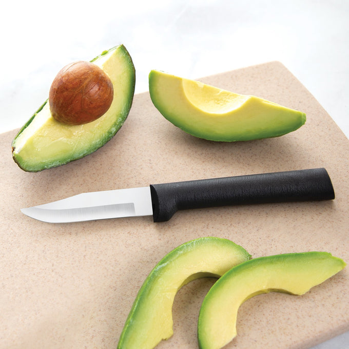 Small paring knife with a smooth black handle and sharp non-serrated blade, ideal for precise peeling and cutting of fruits like avocado, part of USA made kitchen and food prep collections.