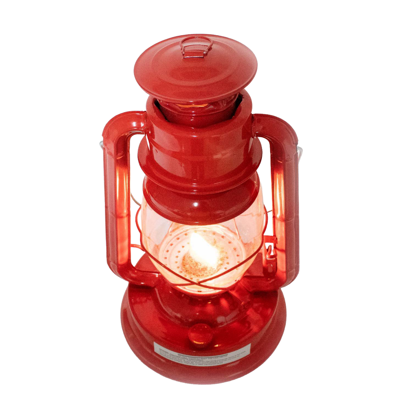 Handcrafted bright red lantern with glowing flame inside clear glass globe, featuring weather-resistant finish for dependable use in Farm, Garden & Tool, Camping, and Emergency Supplies collections.