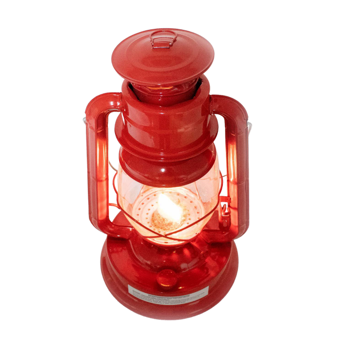 Handcrafted bright red lantern with glowing flame inside clear glass globe, featuring weather-resistant finish for dependable use in Farm, Garden & Tool, Camping, and Emergency Supplies collections.