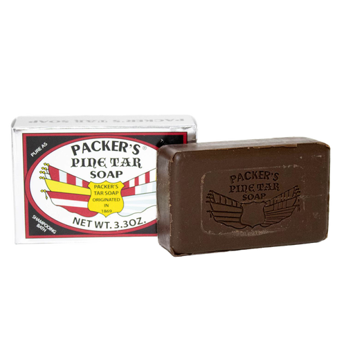 Pack of three handcrafted pine tar soap bars weighing 3.3 oz each, made in USA to soothe dry, itchy skin; featured in Health & Wellness and Grooming collections.